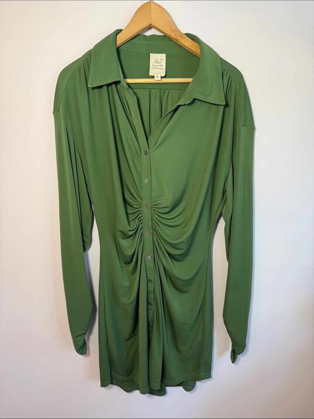 Cinq à Sept Green Ruched Button-Front Shirt Dress